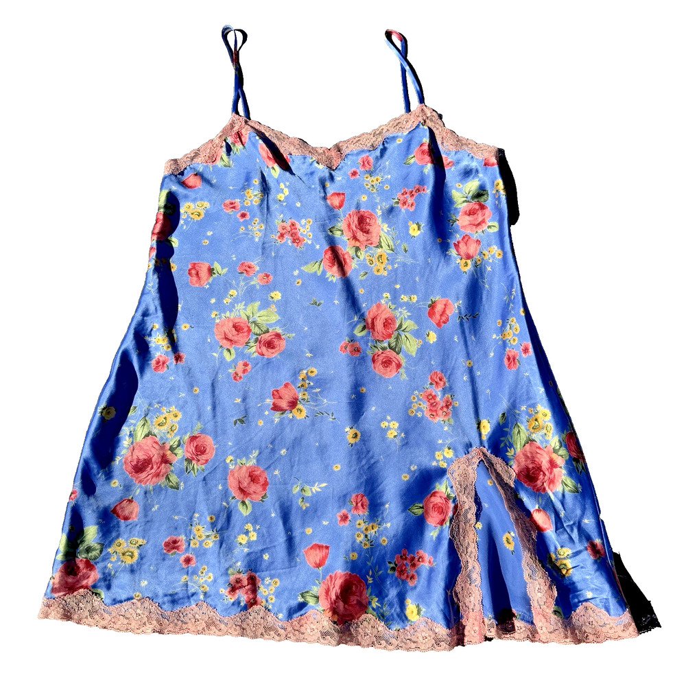 VTG Victoria’s Secret 2002 Satin Slip Dress L Blue Pink Floral Lace Y2K Coquette